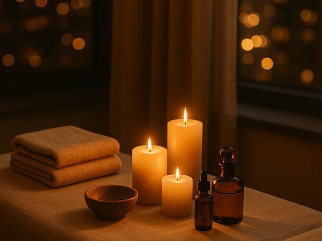 Candles and dropper bottles arranged for the Aeon Signature Journey