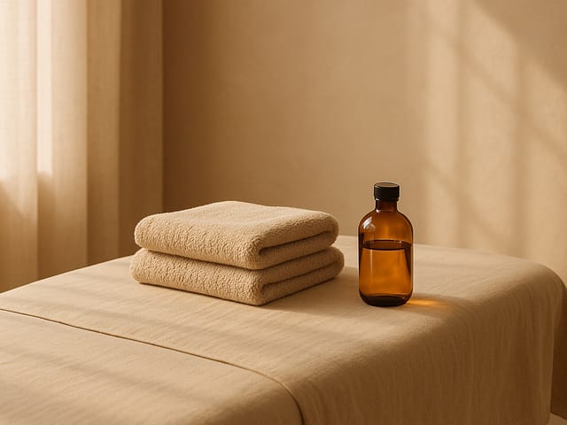 Warm massage oil and folded towels prepared for the Somaeon Grounding Massage