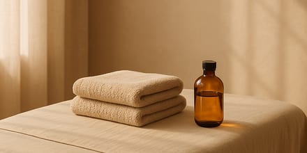 Warm massage oil and folded towels prepared for the Somaeon Grounding Massage